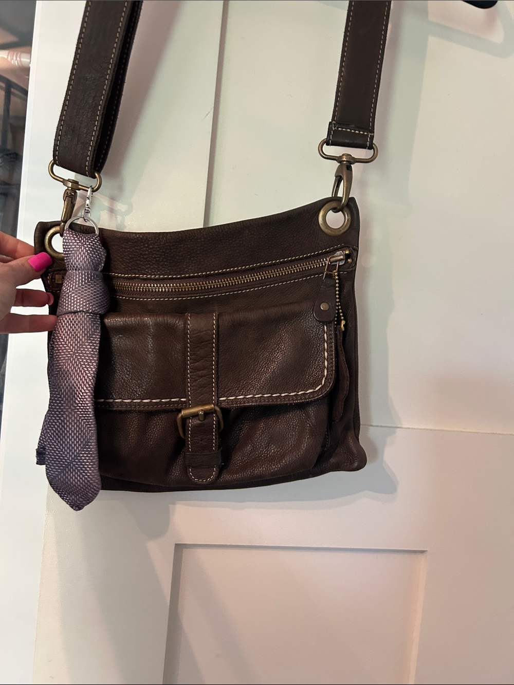 Roots Dark Brown Leather Messenger Bag with Front Buckle